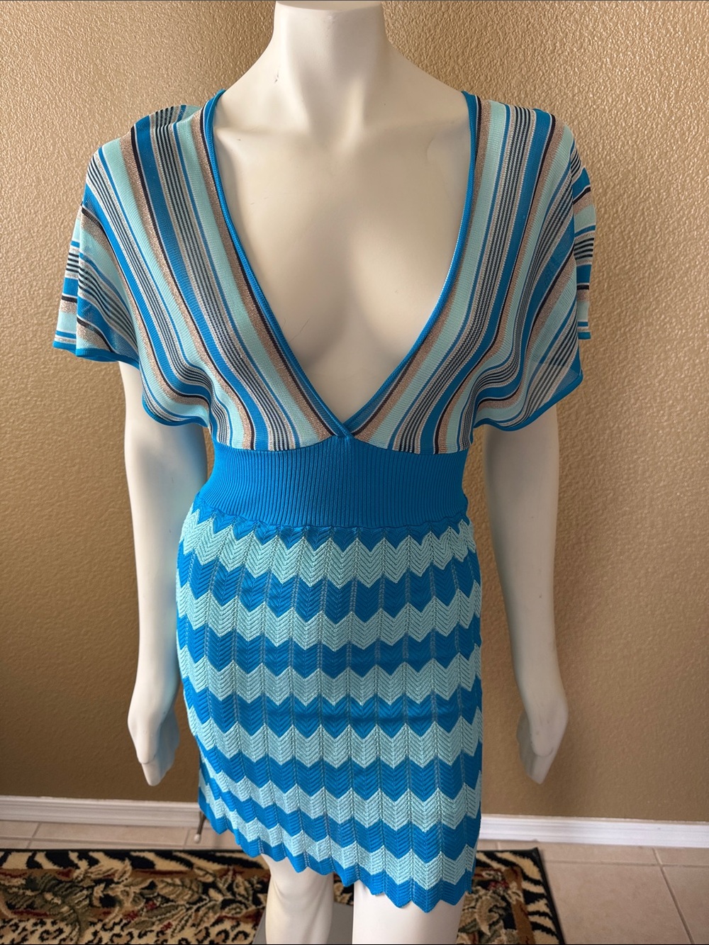 Guess by Marciano Blue & Light Blue Striped Chevron Knit Dress